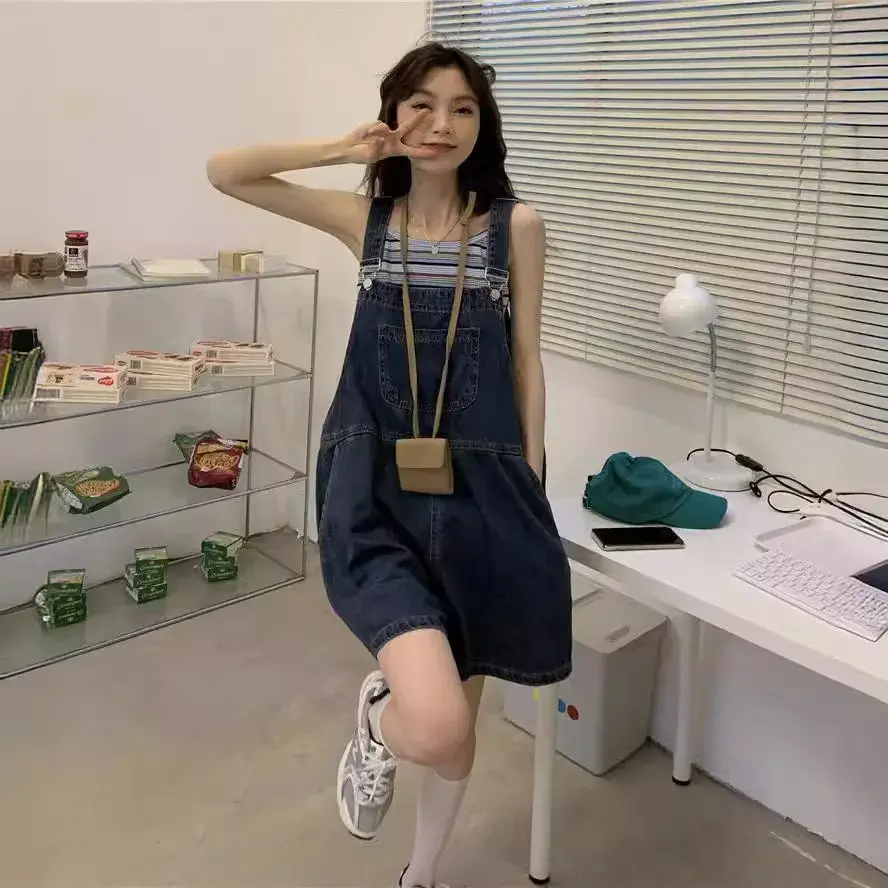 Korean Style Denimbib Women's Pants High-Waisted Slimming Loose-Fit Summer 2024 New Arrival Bell Bottoms Petite Size