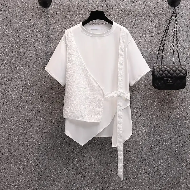 2025 Summer Large Size Casual Simple Two-Piece Illusion Short Sleeves T-Shirt Women's Irregular Splicing Top Polyester Fiber
