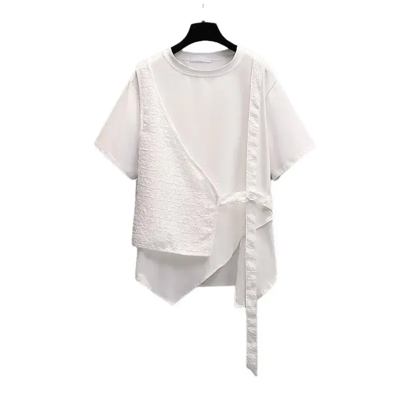 2025 Summer Large Size Casual Simple Two-Piece Illusion Short Sleeves T-Shirt Women's Irregular Splicing Top Polyester Fiber