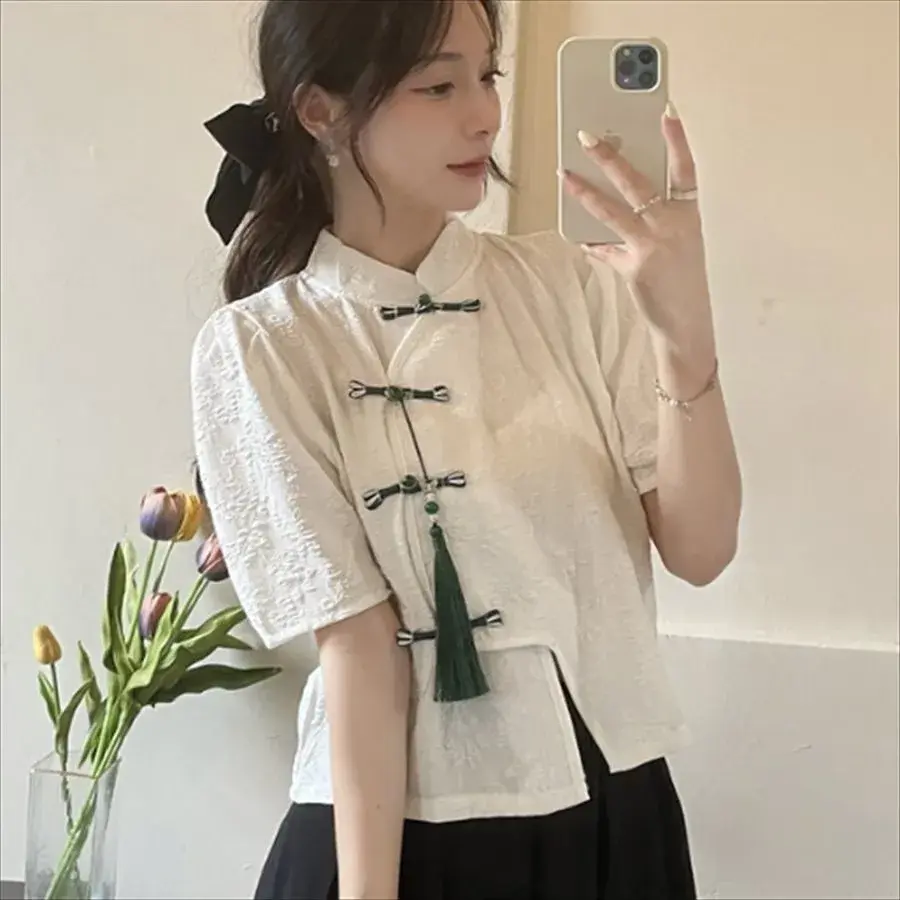 Fashionable Sweet Versatile Short Sleeve Button up Shirt Chinese Style Women's Top Slim Fit Bubble Sleeve Stand Collar Cotton Po