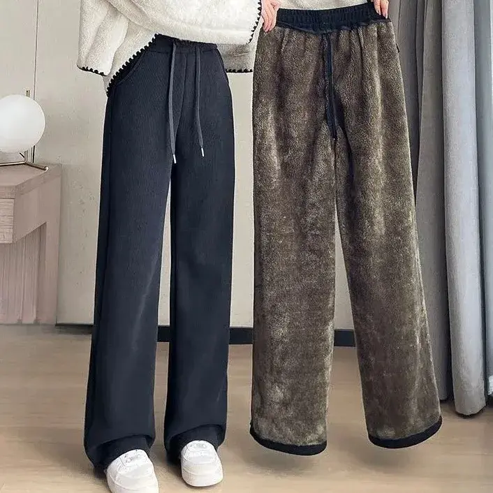 Lamb Velvet Fleece Lined Thickened Autumn Winter New Loose Wide Leg Pants Fashionable Casual Trousers Versatile Design Sensation