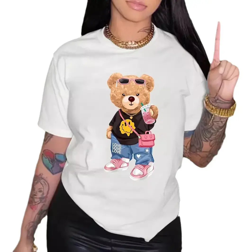 Fashionable Cool Bear Printed T-Shirt Short Sleeves Round Neck Casual Top Summer Women's Clothing Polyester Fabric Decoration