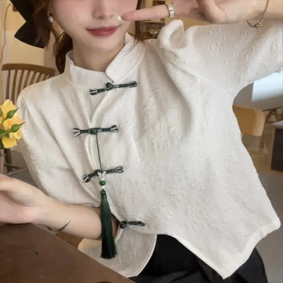 Fashionable Sweet Versatile Short Sleeve Button up Shirt Chinese Style Women's Top Slim Fit Bubble Sleeve Stand Collar Cotton Po