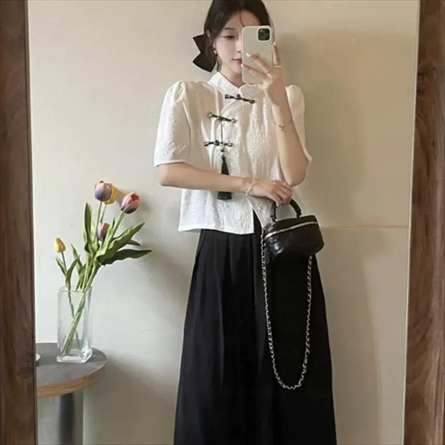 Fashionable Sweet Versatile Short Sleeve Button up Shirt Chinese Style Women's Top Slim Fit Bubble Sleeve Stand Collar Cotton Po
