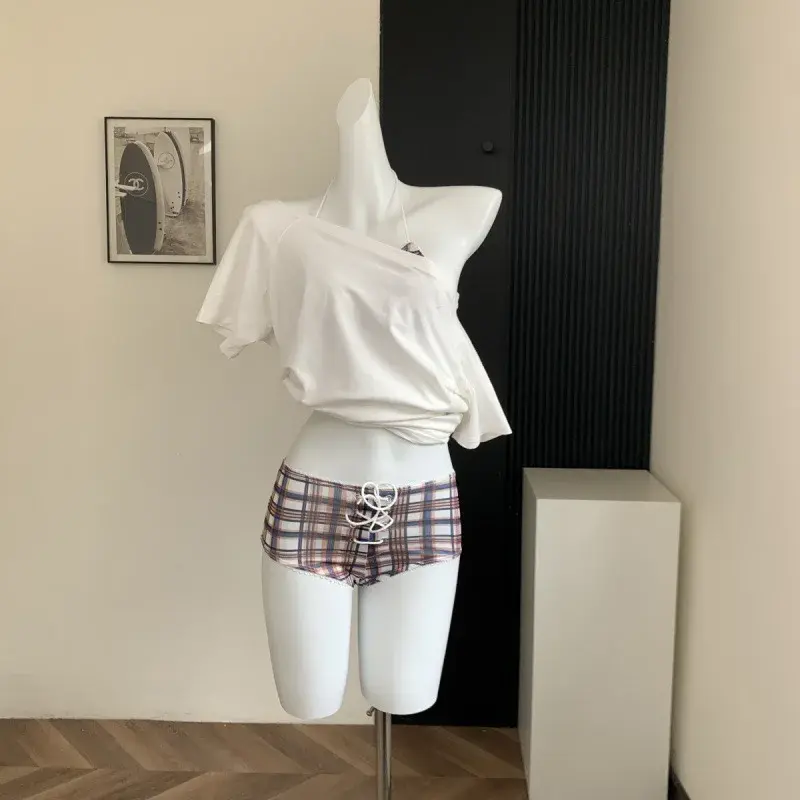 Sexy Bikini Swimwear Small Chest Gathered Checkered Pattern American Style Hot Girl New Pink 2025 Women's Vest Strap Dresses