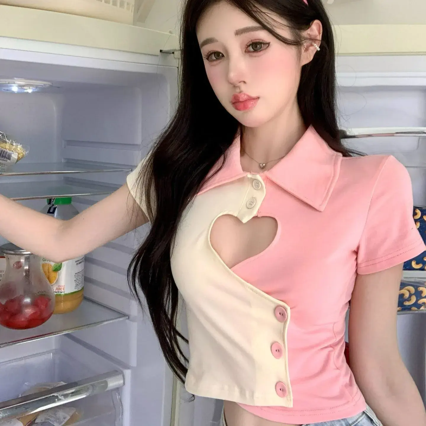 Short Sleeve T-Shirt Color Block Heart Pattern Polo Collar Top Summer New Style Fashionable Women's Clothing Quick Dry Breathabl