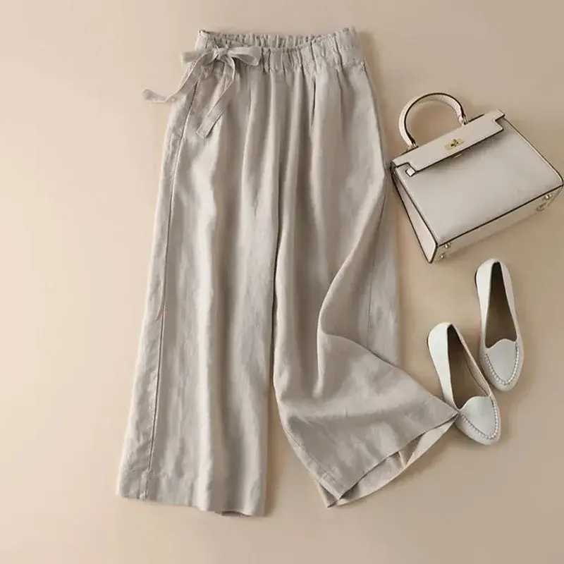 High Waist Wide Leg Pants Women's Summer Cotton Linen Thin Loose Elastic Casual Pants Nine Points Side Buckle Retro Art