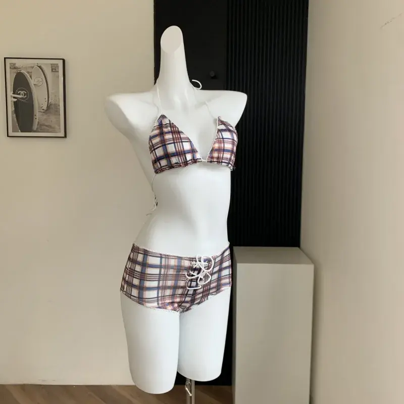 Sexy Bikini Swimwear Small Chest Gathered Checkered Pattern American Style Hot Girl New Pink 2025 Women's Vest Strap Dresses