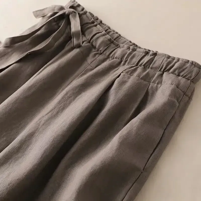 High Waist Wide Leg Pants Women's Summer Cotton Linen Thin Loose Elastic Casual Pants Nine Points Side Buckle Retro Art