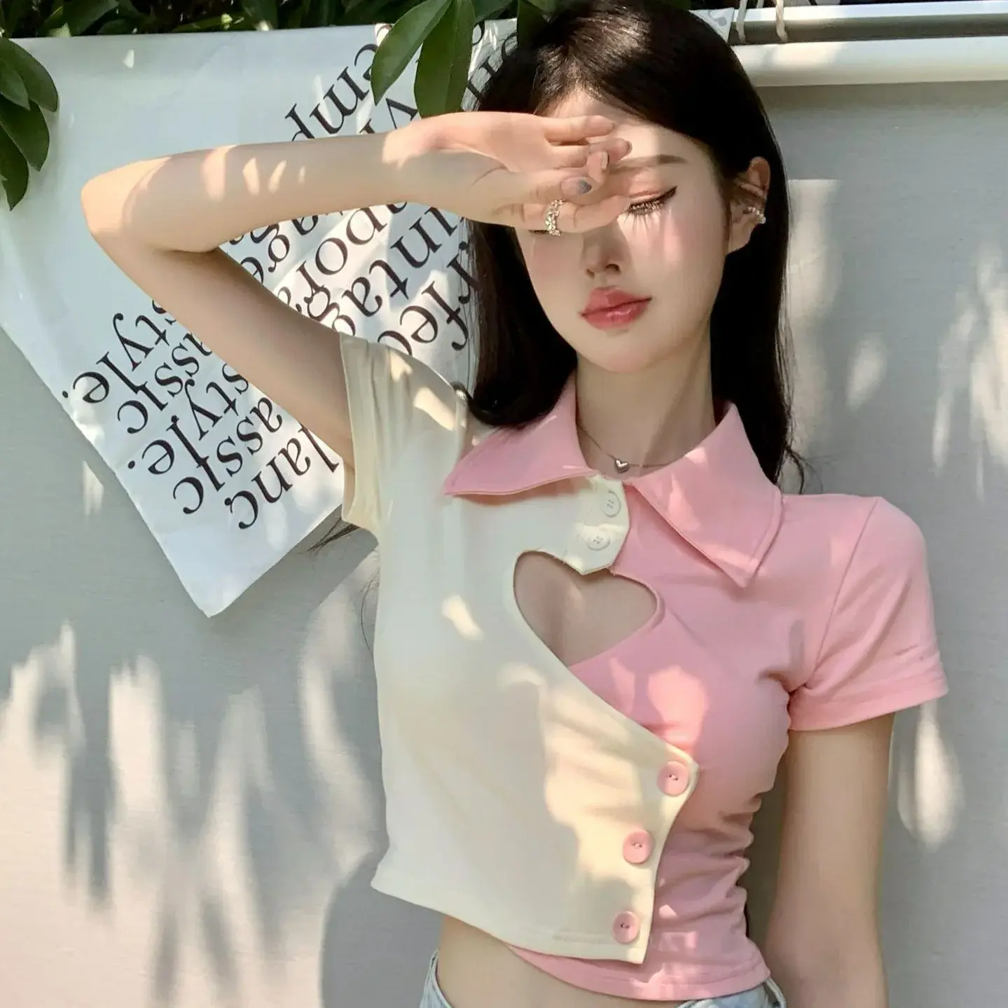 Short Sleeve T-Shirt Color Block Heart Pattern Polo Collar Top Summer New Style Fashionable Women's Clothing Quick Dry Breathabl
