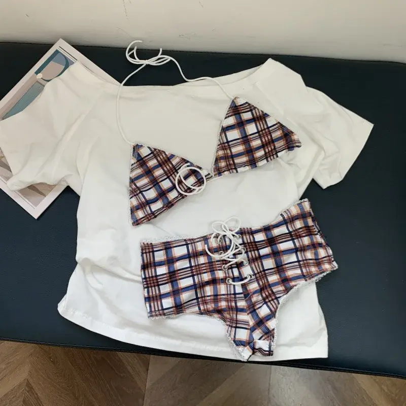 Sexy Bikini Swimwear Small Chest Gathered Checkered Pattern American Style Hot Girl New Pink 2025 Women's Vest Strap Dresses