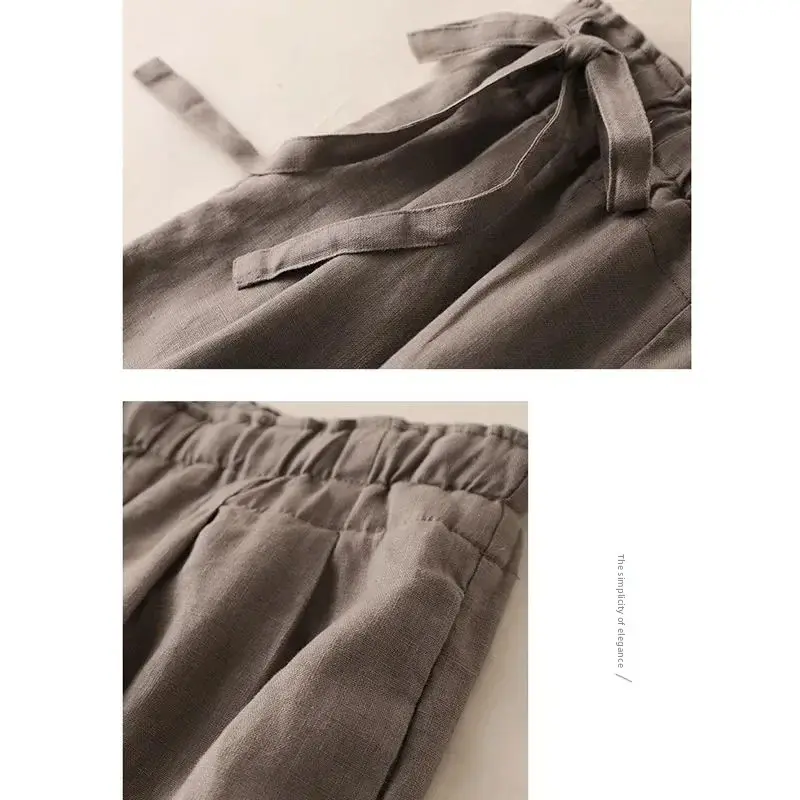 High Waist Wide Leg Pants Women's Summer Cotton Linen Thin Loose Elastic Casual Pants Nine Points Side Buckle Retro Art
