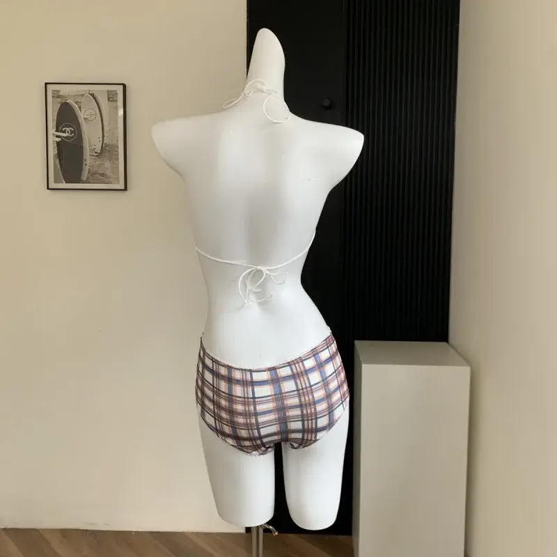 Sexy Bikini Swimwear Small Chest Gathered Checkered Pattern American Style Hot Girl New Pink 2025 Women's Vest Strap Dresses