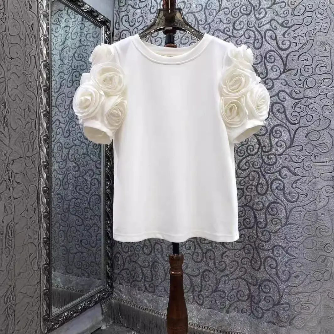 2024 Summer New Women's Clothing 3D Flower Short Sleeve T-Shirt Fashionable Simple Versatile Top Cotton Crew Neck T-Shirt