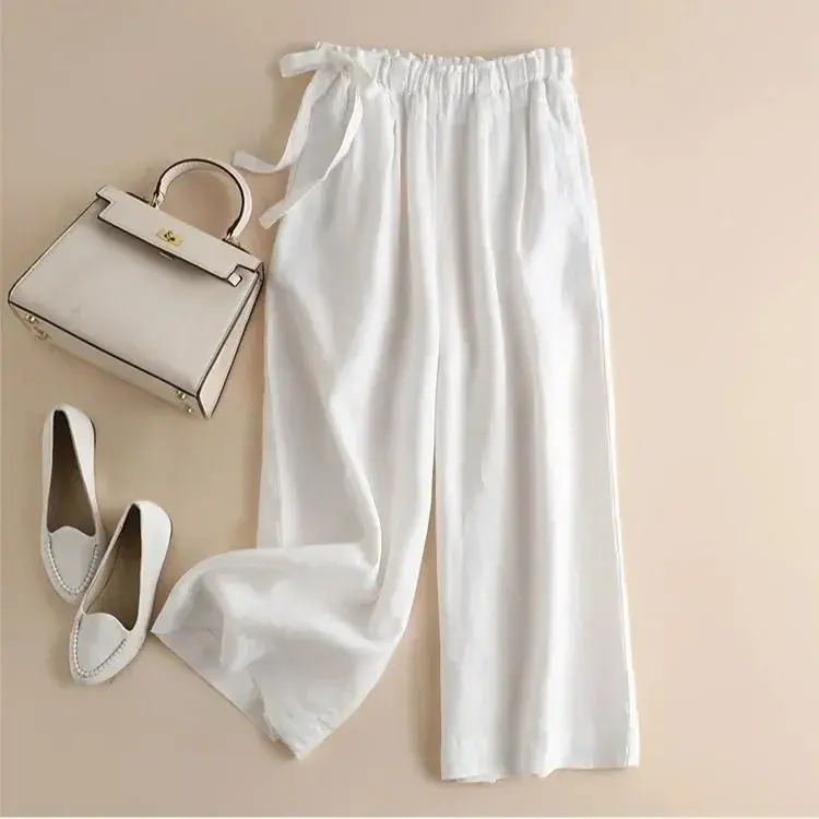 High Waist Wide Leg Pants Women's Summer Cotton Linen Thin Loose Elastic Casual Pants Nine Points Side Buckle Retro Art
