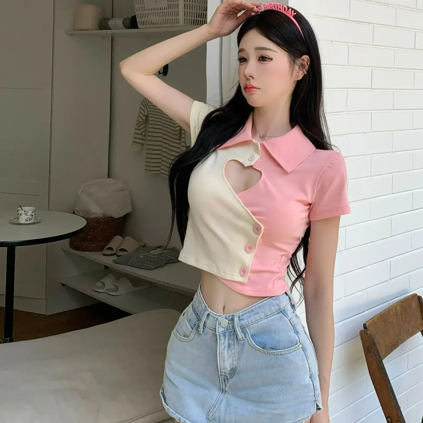 Short Sleeve T-Shirt Color Block Heart Pattern Polo Collar Top Summer New Style Fashionable Women's Clothing Quick Dry Breathabl