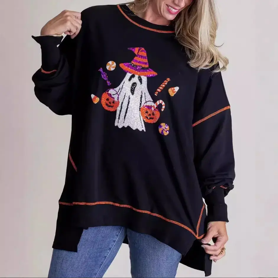 Halloween Ghost Sequin Sweatshirt Loose Casual Top Women's Fashion Bright Colors Crew Neck Chinese Brand AE Stocking