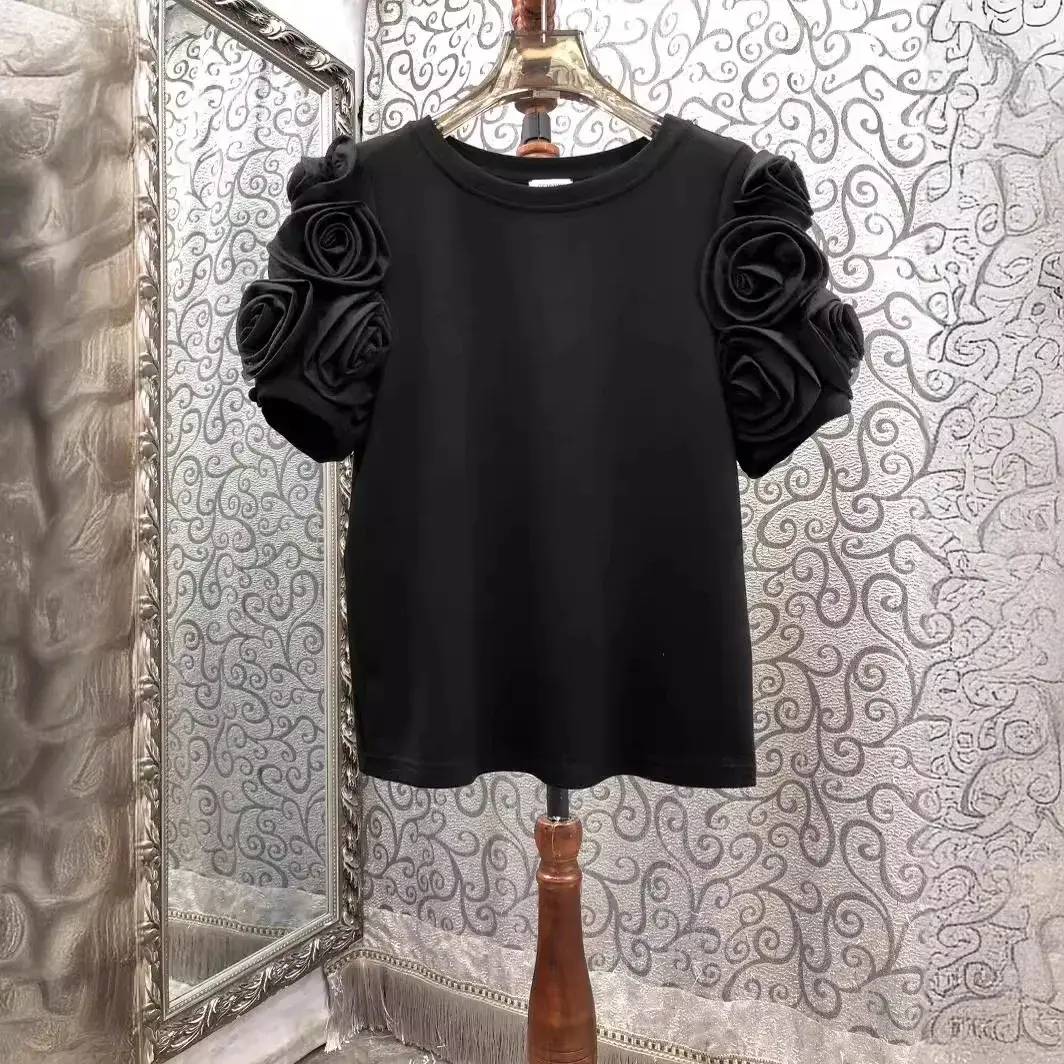2024 Summer New Women's Clothing 3D Flower Short Sleeve T-Shirt Fashionable Simple Versatile Top Cotton Crew Neck T-Shirt