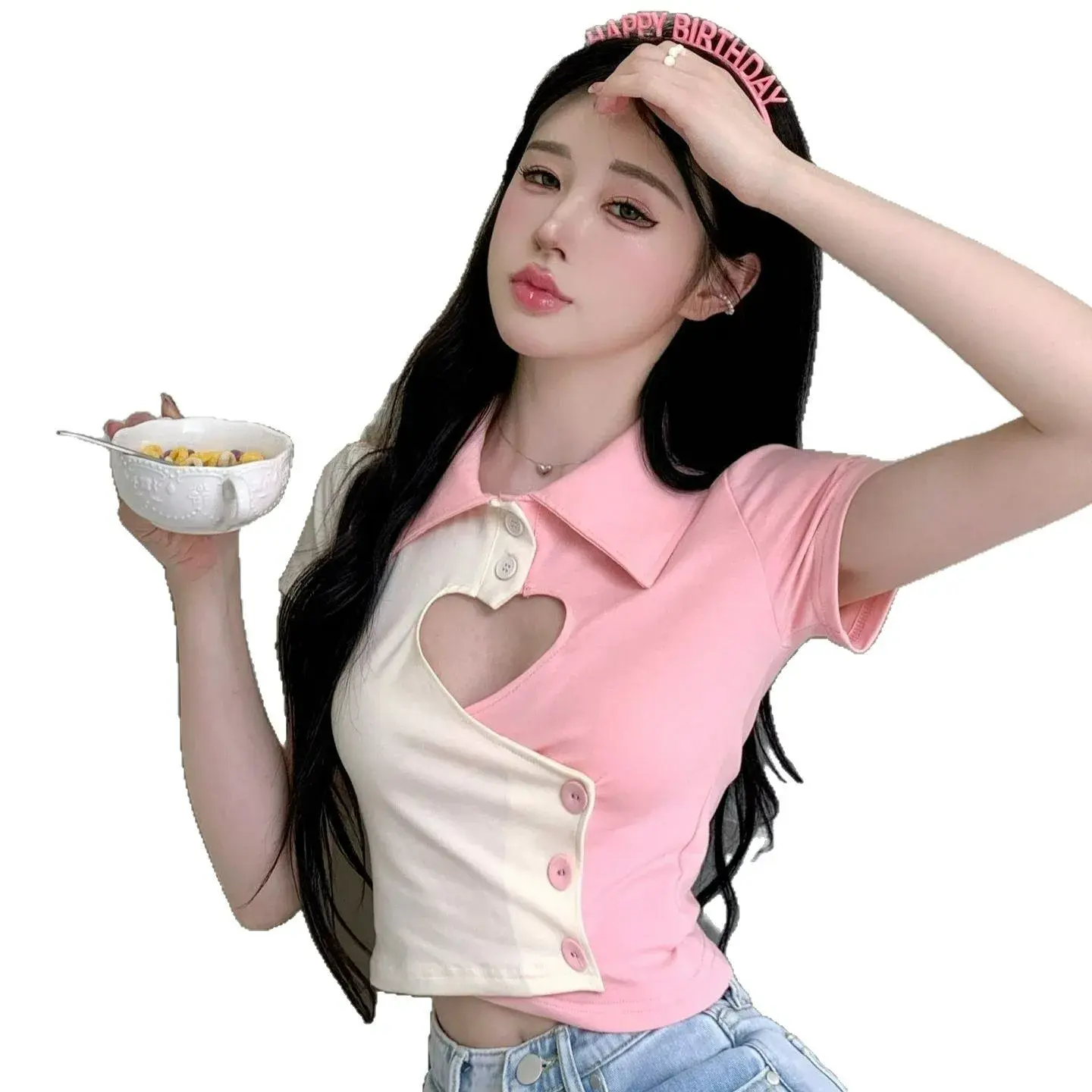 Short Sleeve T-Shirt Color Block Heart Pattern Polo Collar Top Summer New Style Fashionable Women's Clothing Quick Dry Breathabl