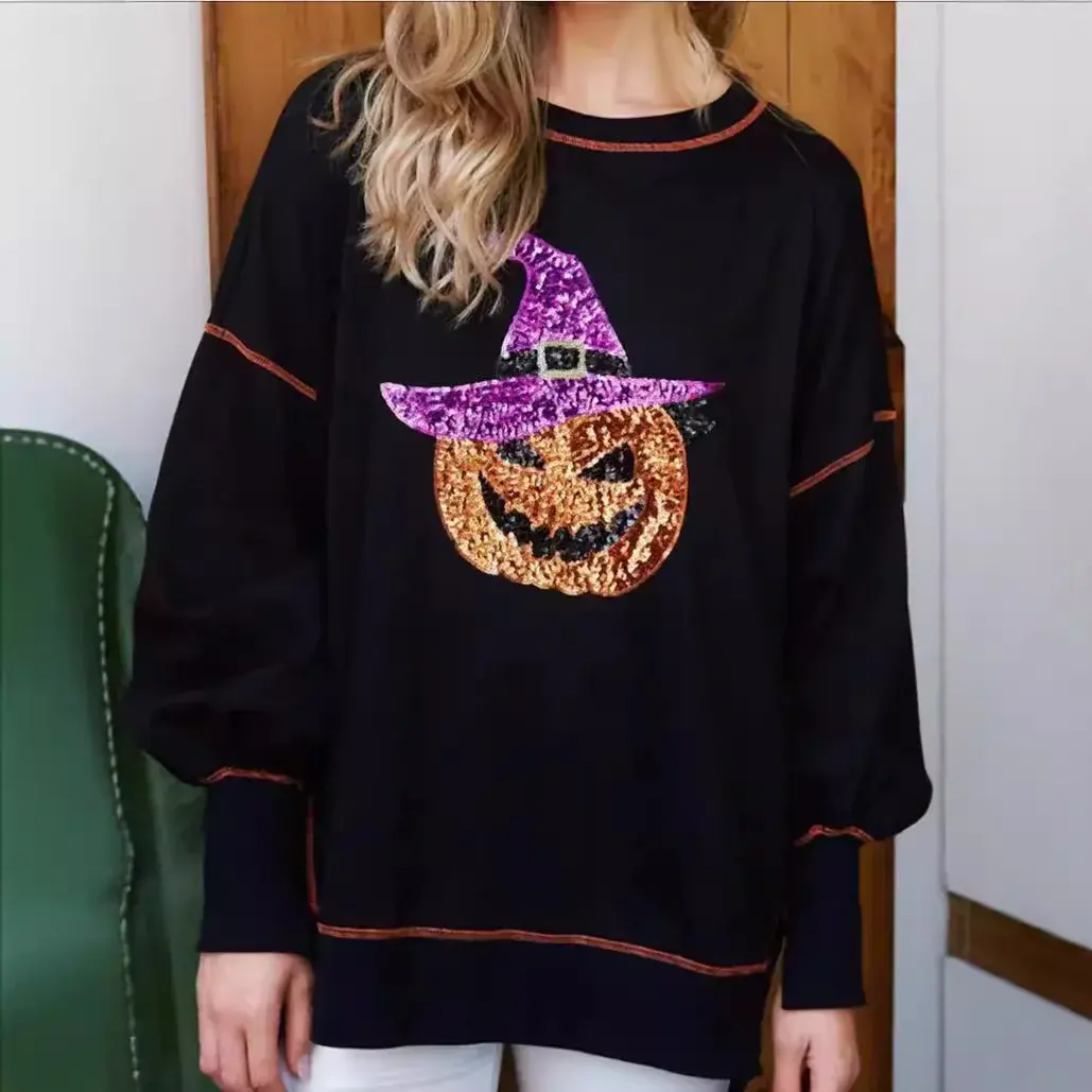Halloween Ghost Sequin Sweatshirt Loose Casual Top Women's Fashion Bright Colors Crew Neck Chinese Brand AE Stocking