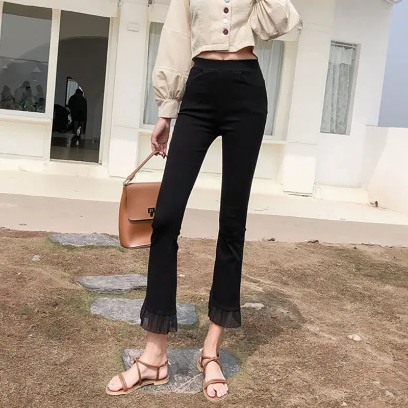 High Waist Lace Splice Nine Points Casual Trousers for Women Summer Fashionable plus Size Elastic Loose Fit Wide Leg Pants