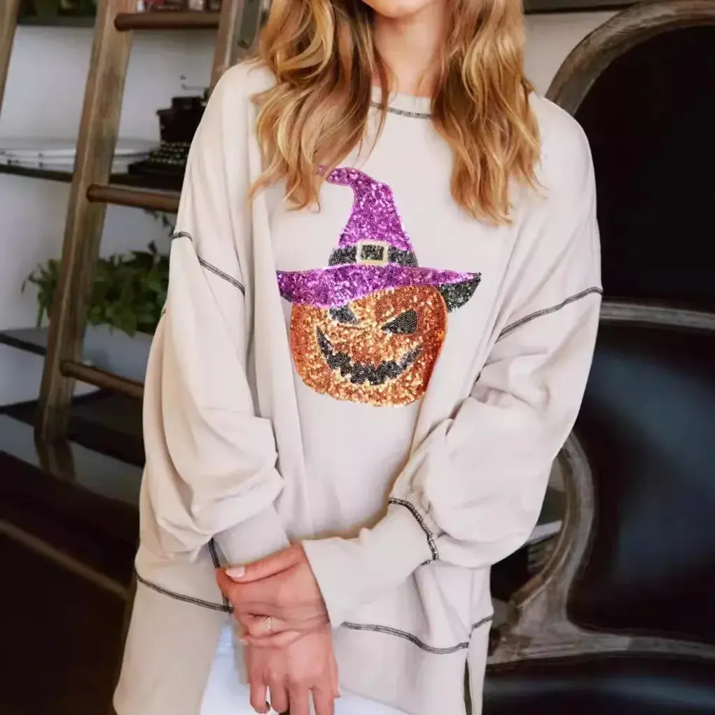 Halloween Ghost Sequin Sweatshirt Loose Casual Top Women's Fashion Bright Colors Crew Neck Chinese Brand AE Stocking