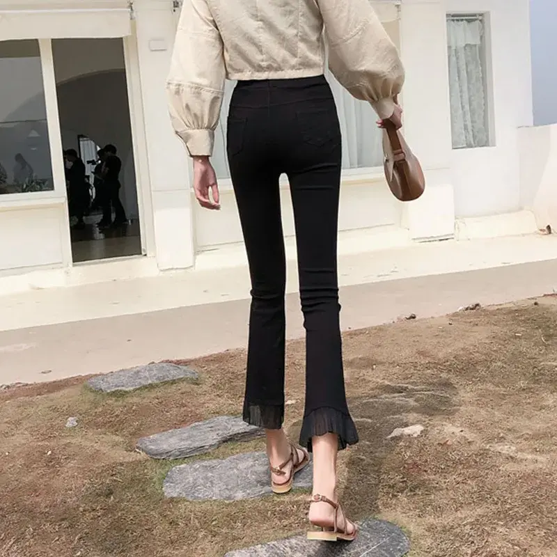 High Waist Lace Splice Nine Points Casual Trousers for Women Summer Fashionable plus Size Elastic Loose Fit Wide Leg Pants