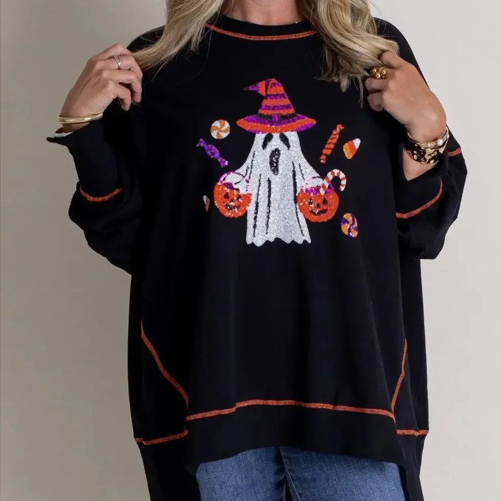 Halloween Ghost Sequin Sweatshirt Loose Casual Top Women's Fashion Bright Colors Crew Neck Chinese Brand AE Stocking