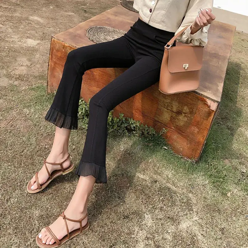High Waist Lace Splice Nine Points Casual Trousers for Women Summer Fashionable plus Size Elastic Loose Fit Wide Leg Pants