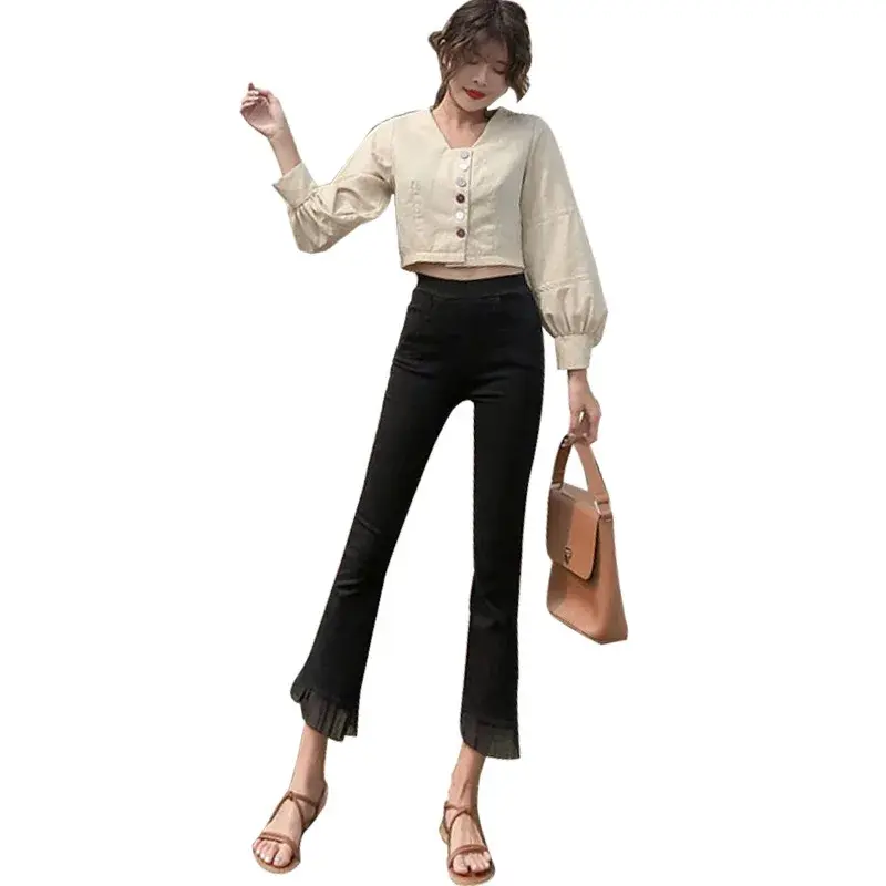 High Waist Lace Splice Nine Points Casual Trousers for Women Summer Fashionable plus Size Elastic Loose Fit Wide Leg Pants