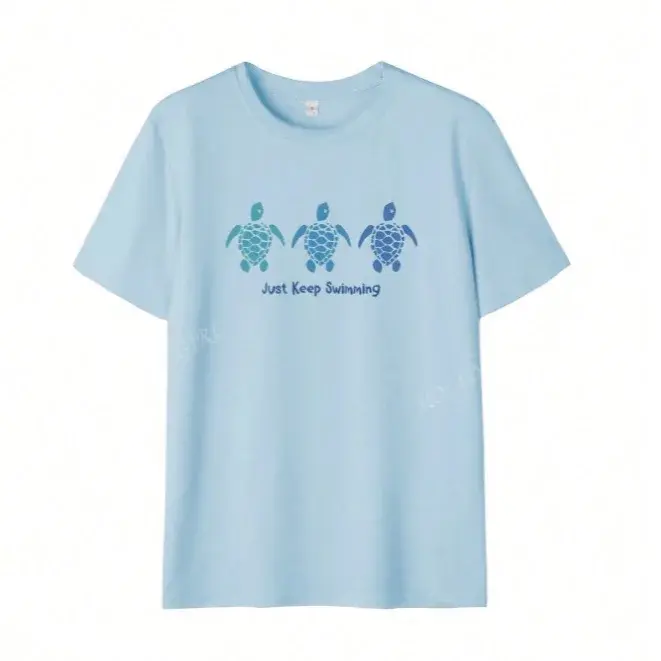 Three Turtles Casual Print Cotton T-Shirt Women's Fashion Summer Holiday Style Short Sleeve Crew Neck Patchwork Decoration