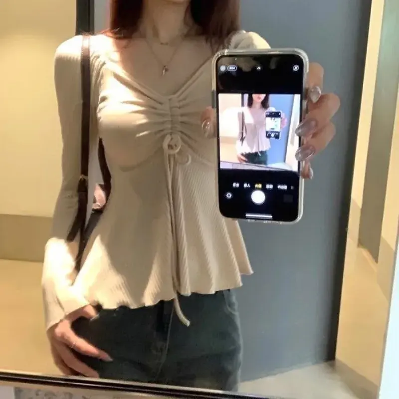 HongKong Style Retro Long Sleeve Shirt Women's New Office Wear Waist Cinching Belly Covering Lotus Leaf Edge Bubble Sleeve Trend