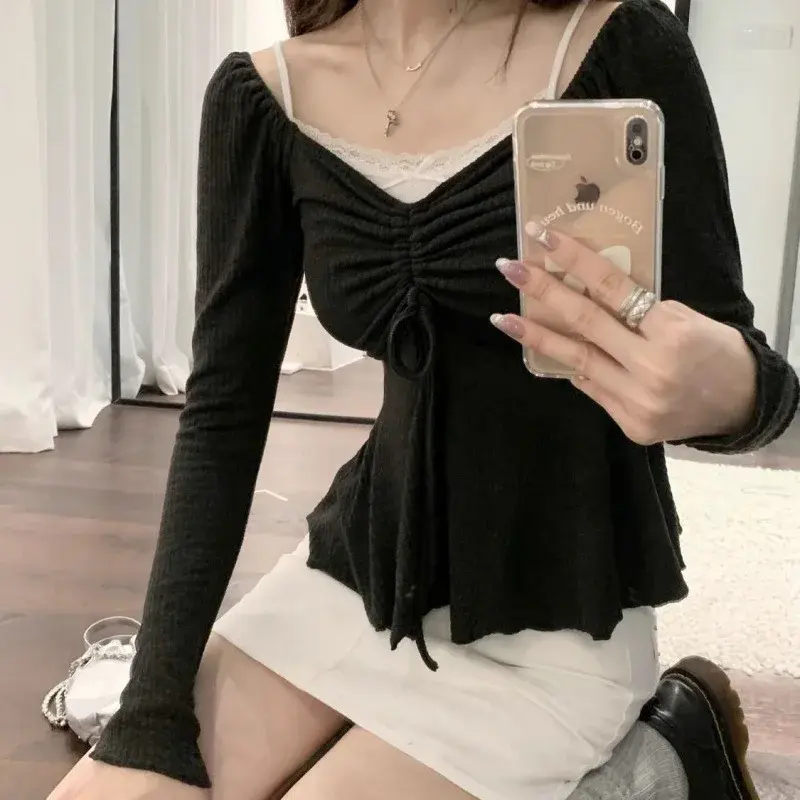 HongKong Style Retro Long Sleeve Shirt Women's New Office Wear Waist Cinching Belly Covering Lotus Leaf Edge Bubble Sleeve Trend