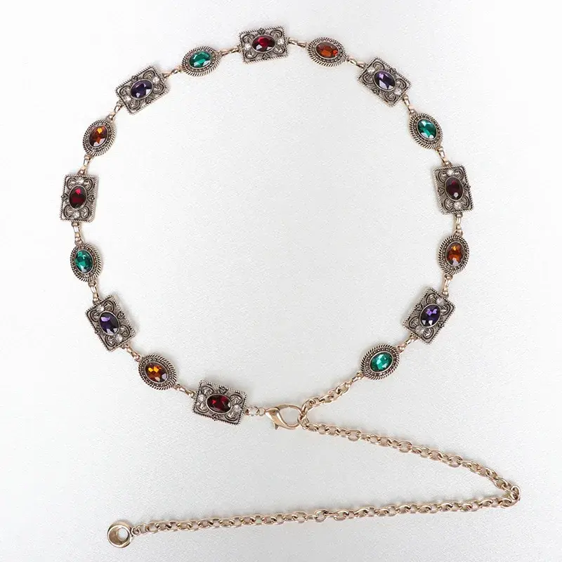 Niche Luxury Vintage Engraved Waist Chain Women's Rhinestone Belt Fashionable Versatile Decorative Accessory For Dresses
