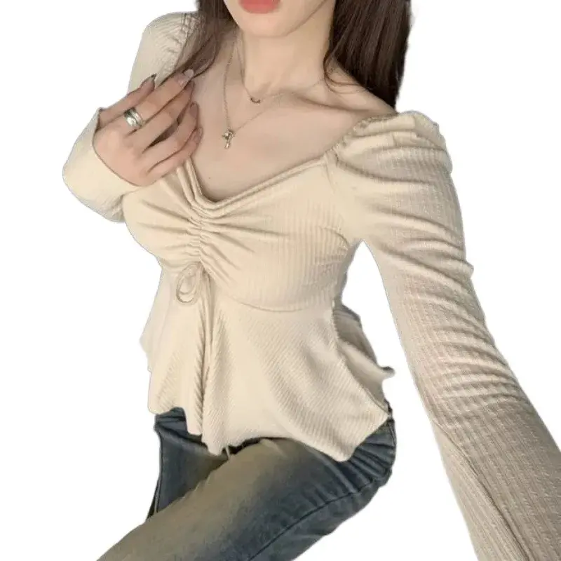 HongKong Style Retro Long Sleeve Shirt Women's New Office Wear Waist Cinching Belly Covering Lotus Leaf Edge Bubble Sleeve Trend