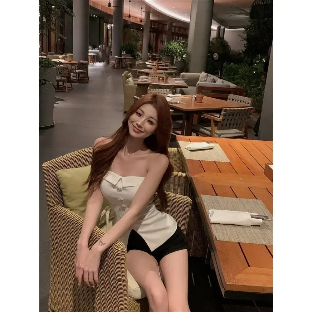 Satin Sexy Spring Summer Strapless French Drill Button High-End Tube Top Split Vest Women's Outerwear Sleeveless Tank Top