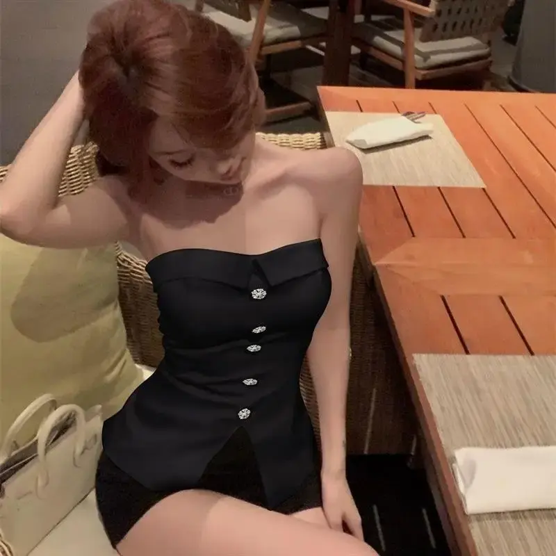 Satin Sexy Spring Summer Strapless French Drill Button High-End Tube Top Split Vest Women's Outerwear Sleeveless Tank Top