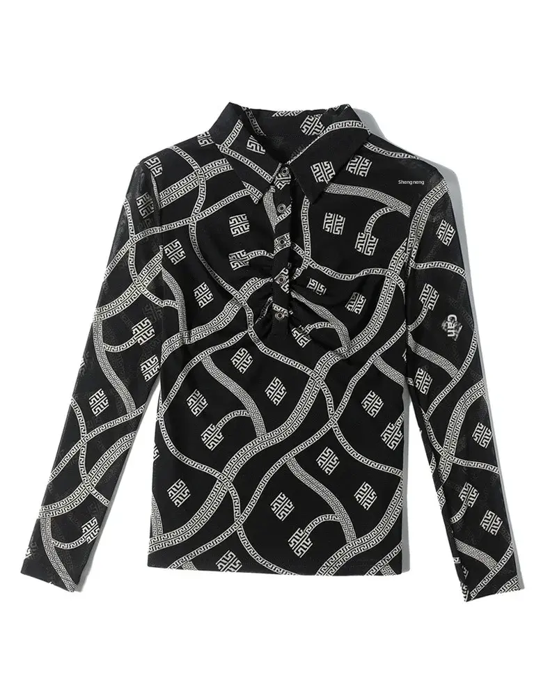 New 2023 Autumn Fashion Collar Stylish Versatile Printing Long Sleeve T-Shirt Plus Size Mesh Base Layer Top For Women