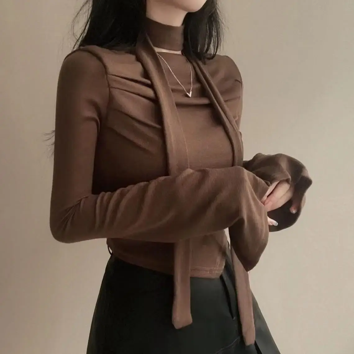 Korean Style ChicAutumnslims Women's Off-Shoulder Long Sleeve T-Shirt Slimming Sexy Cropped Pleated Base Top For Fashion