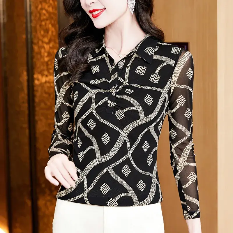 New 2023 Autumn Fashion Collar Stylish Versatile Printing Long Sleeve T-Shirt Plus Size Mesh Base Layer Top For Women
