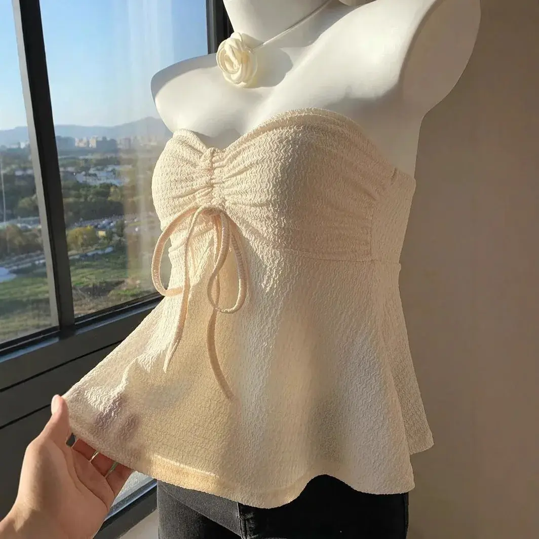 Sexy Knitted Crop Top Women's Bandage Vest Drawstring Short Style Polyester Fiber Mixed Fabric Chinese Origin Clothing