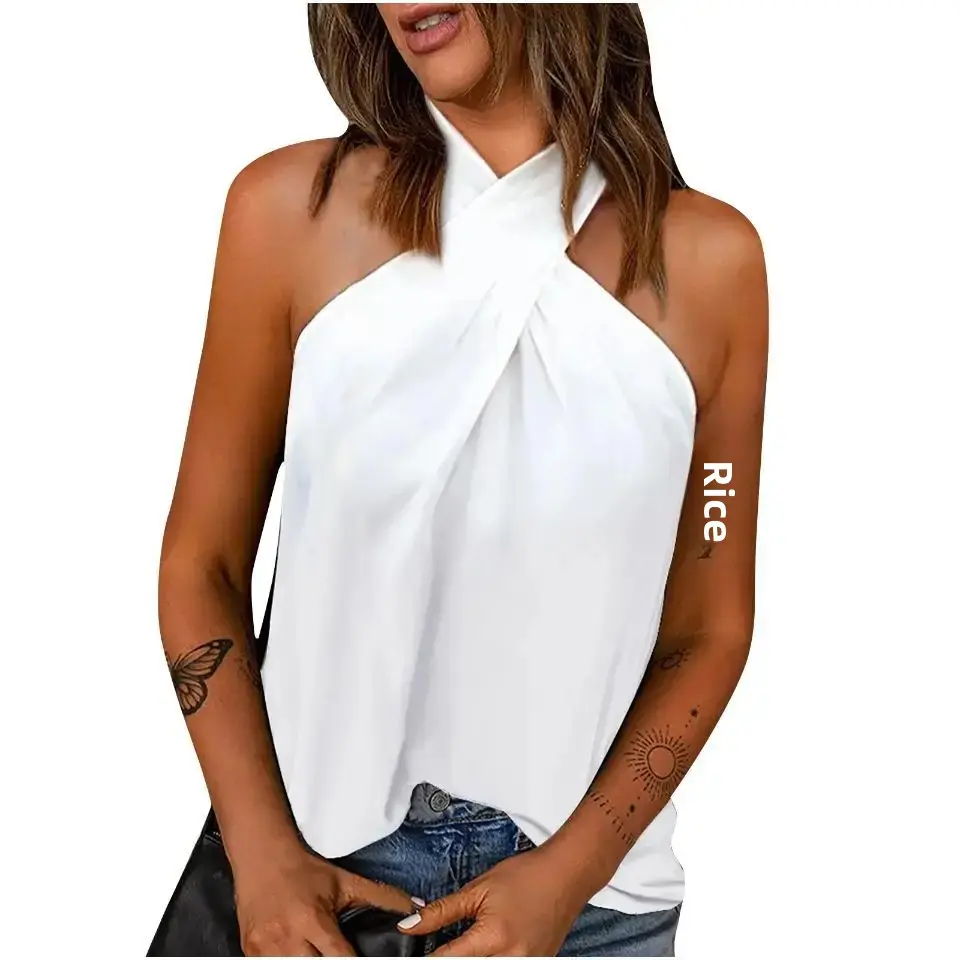 Cross-Border European American Wish Foreign Trade Amazon Women's Clothing New Summer 2022 Solid Color Sleeveless Halter Neck Ves