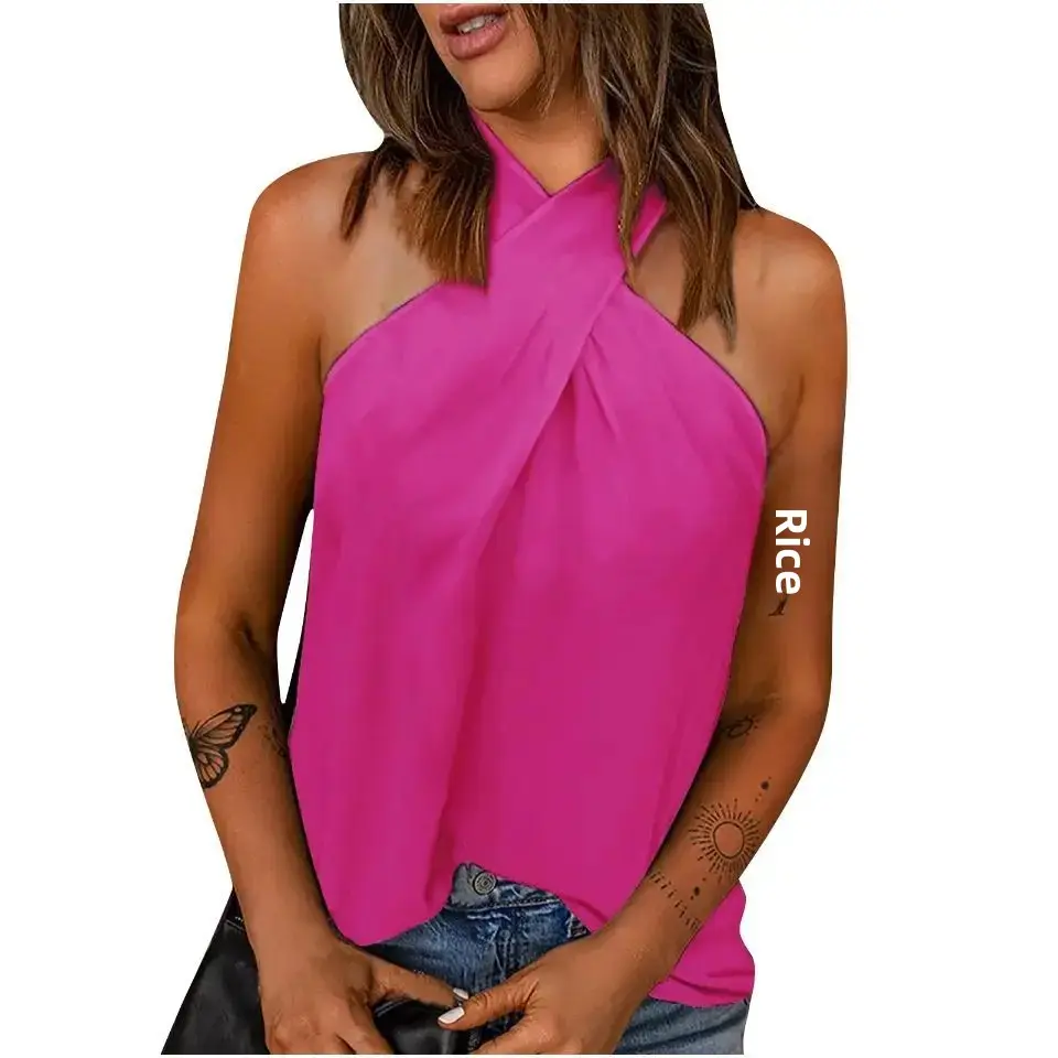 Cross-Border European American Wish Foreign Trade Amazon Women's Clothing New Summer 2022 Solid Color Sleeveless Halter Neck Ves