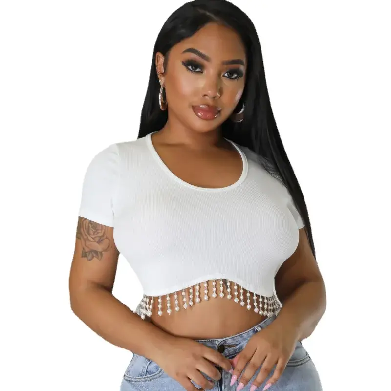 TY036 Women's Fashionable Round Neck High-Waisted Short Sleeve Handmade Beaded T-Shirt Polyester Crew Neck T-Shirt