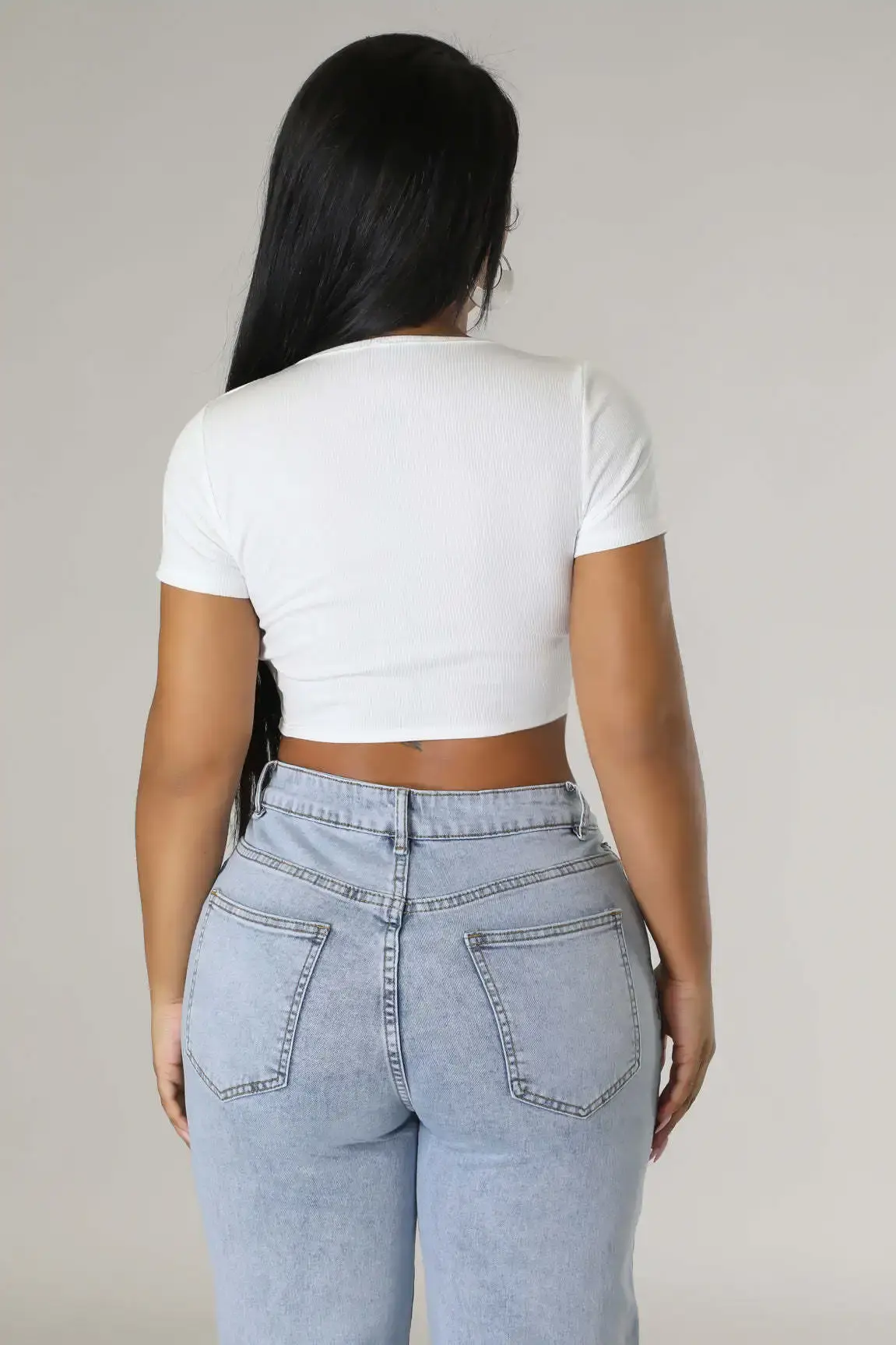 TY036 Women's Fashionable Round Neck High-Waisted Short Sleeve Handmade Beaded T-Shirt Polyester Crew Neck T-Shirt