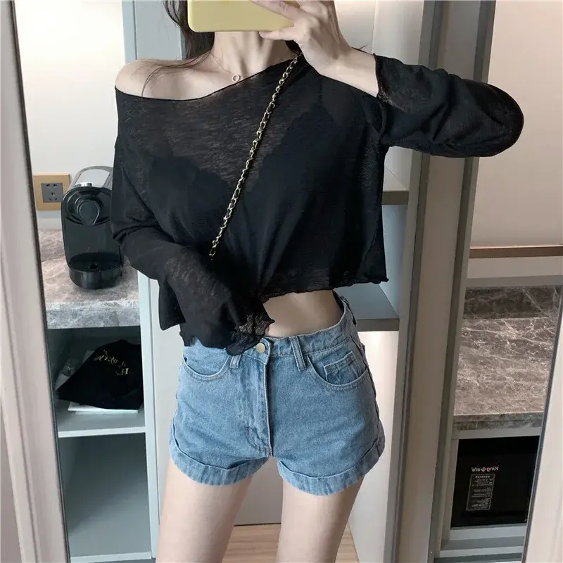 Slimming Effect Summer New Long Sleeve Short Thin Women's T-shirt Loose Fit Sun Protection Top Polyester Fiber Crew Neck
