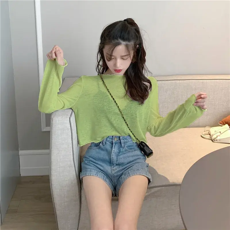 Slimming Effect Summer New Long Sleeve Short Thin Women's T-shirt Loose Fit Sun Protection Top Polyester Fiber Crew Neck