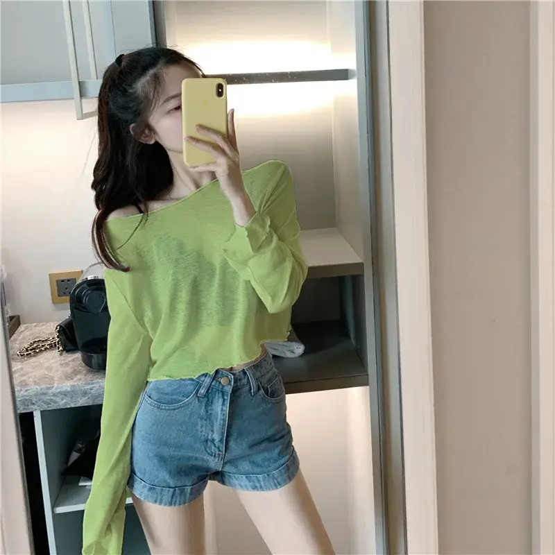 Slimming Effect Summer New Long Sleeve Short Thin Women's T-shirt Loose Fit Sun Protection Top Polyester Fiber Crew Neck