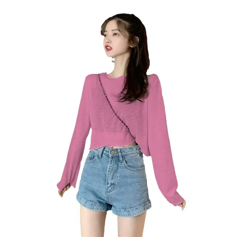 Slimming Effect Summer New Long Sleeve Short Thin Women's T-shirt Loose Fit Sun Protection Top Polyester Fiber Crew Neck