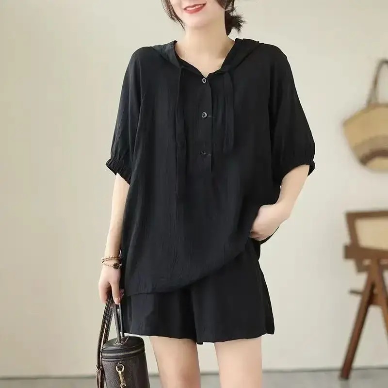 Summer Fashion plus Size Women's Set Hooded Short Sleeve Top Slimming Shorts Two Piece Set Trendy plus Size Clothing